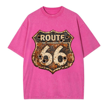 WEATHERED MARKER | Rust-aged Route 66 sign | Desert sun-bleached | Bullet holes - Vintage T-shirt - Dusty Rose(Rose)