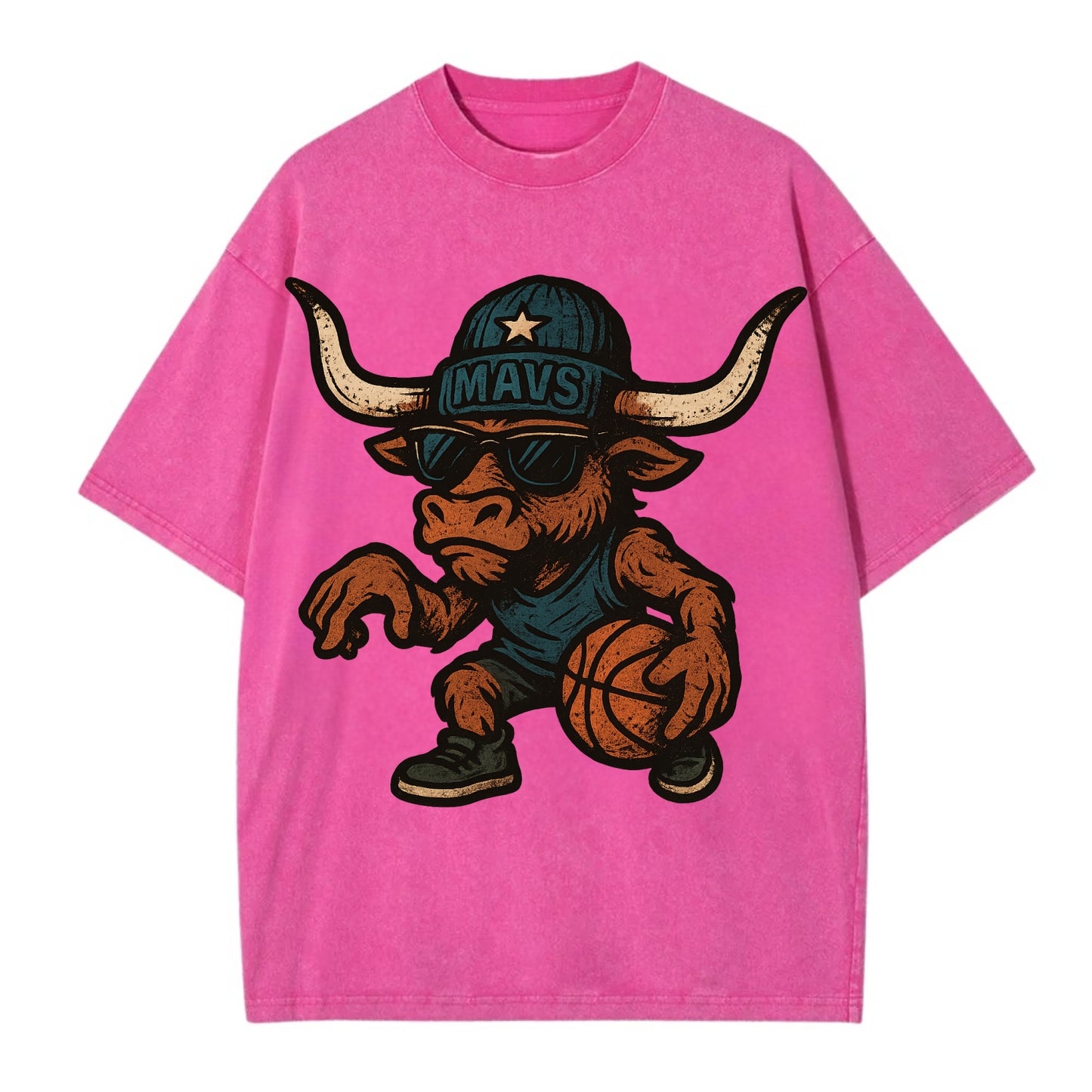 Texas Longhorn wearing Mavs beanie with lone star patch and wayfarer sunglasses - Vintage T-shirt - Dusty Rose(Rose)