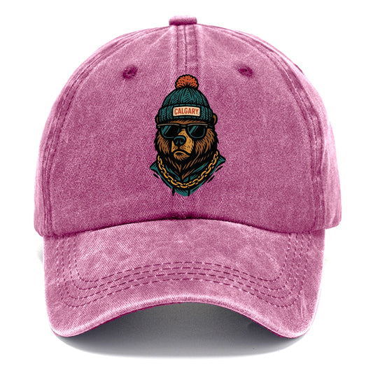 Calgary Grizzly Bear wearing Calgary beanie with pom pom and wayfarer sunglasses - Classic Cap - Dusty Rose(Rose)