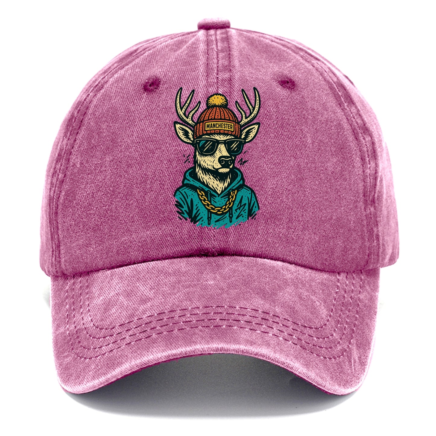 New Hampshire White-tailed Deer wearing Manchester beanie with pom pom and wayfarer - Classic Cap - Dusty Rose(Rose)