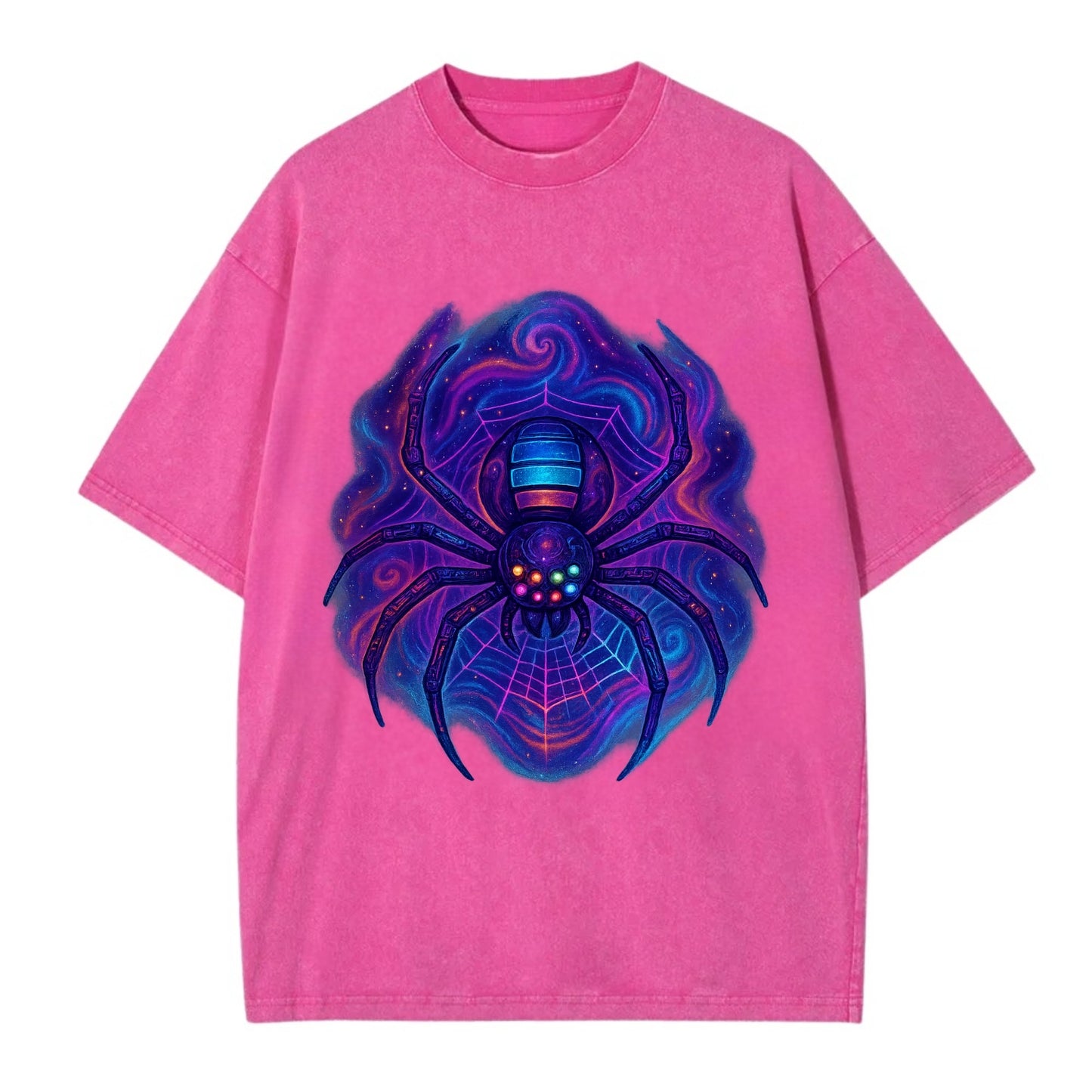 Tech spider with legs showing circuit board patterns, web glowing in neon grid - Vintage T-shirt - Dusty Rose(Rose)