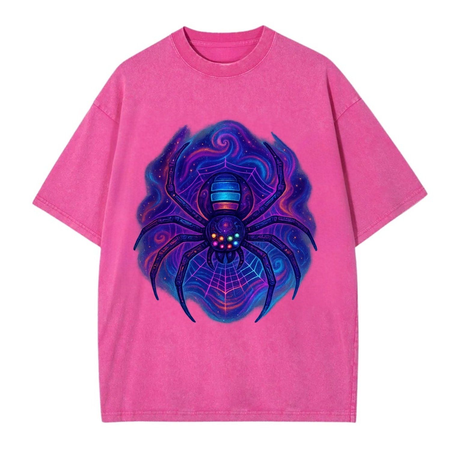 Tech spider with legs showing circuit board patterns, web glowing in neon grid - Vintage T-shirt - Dusty Rose(Rose)