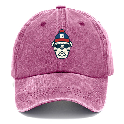 New York Bulldog wearing Giants blue and red beanie with pom pom and wayfarer - Classic Cap - Dusty Rose(Rose)