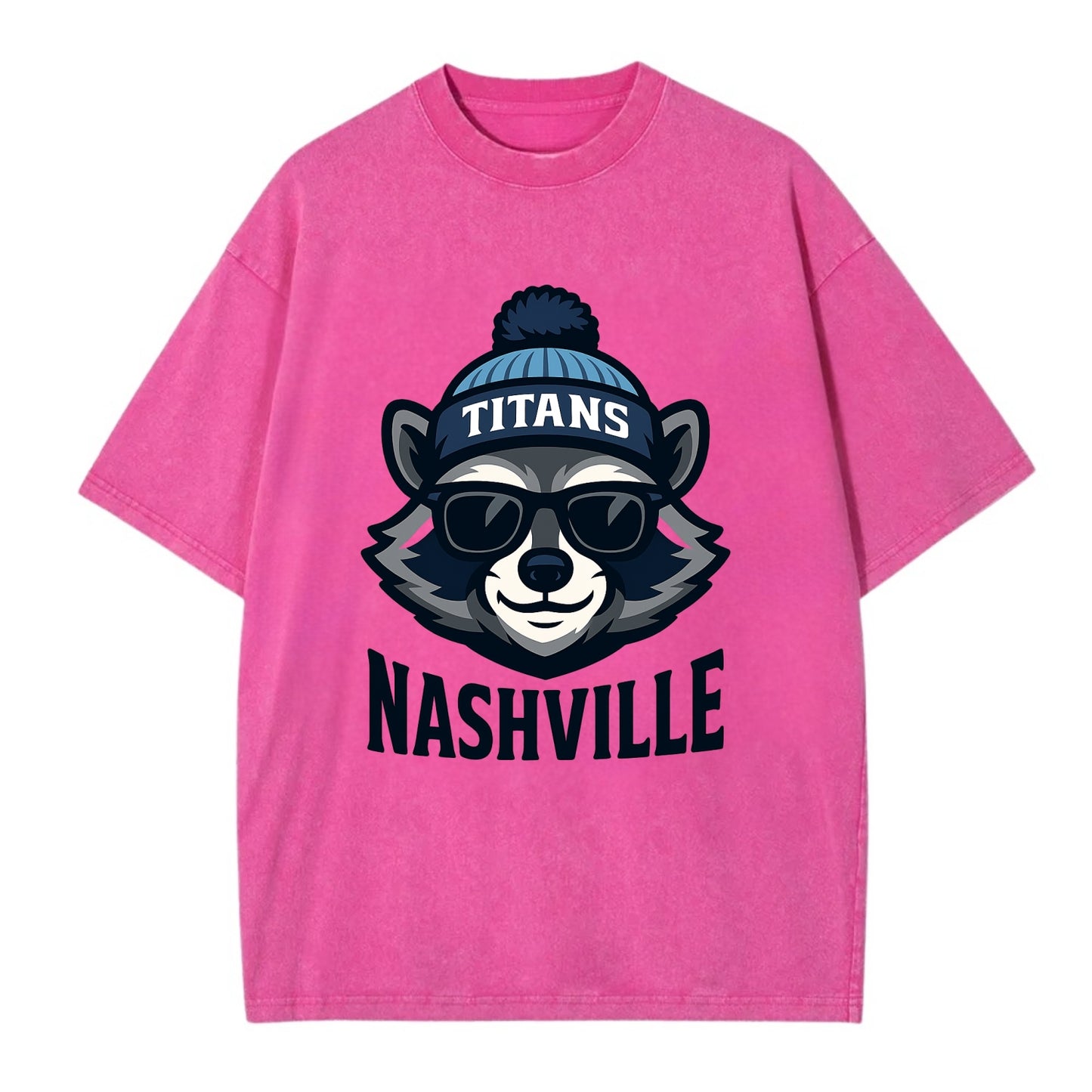 Nashville Raccoon wearing Titans navy and light blue beanie with pom pom and - Vintage T-shirt - Dusty Rose(Rose)