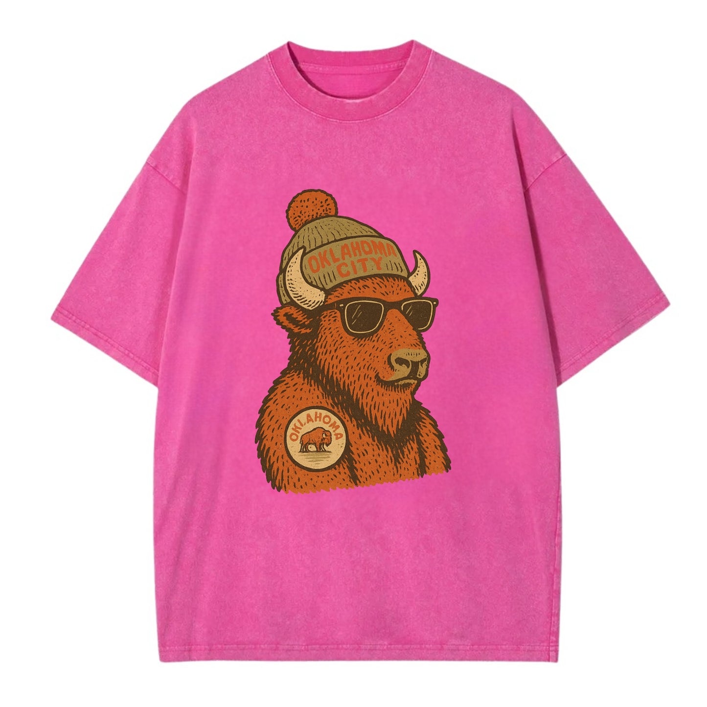 Oklahoma Buffalo wearing Oklahoma City beanie with pom pom and wayfarer sunglasses - Vintage T-shirt - Dusty Rose(Rose)