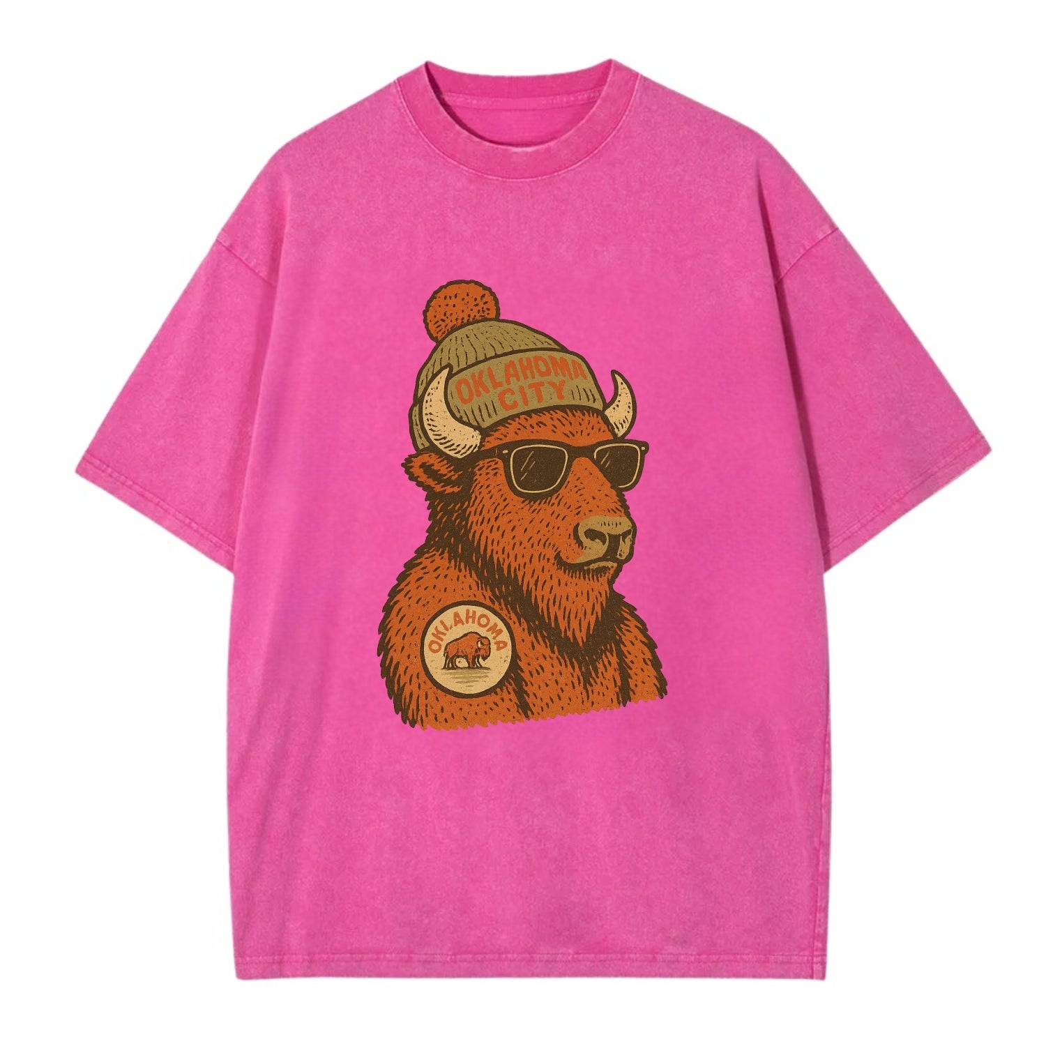 Oklahoma Buffalo wearing Oklahoma City beanie with pom pom and wayfarer sunglasses - Vintage T-shirt - Dusty Rose(Rose)