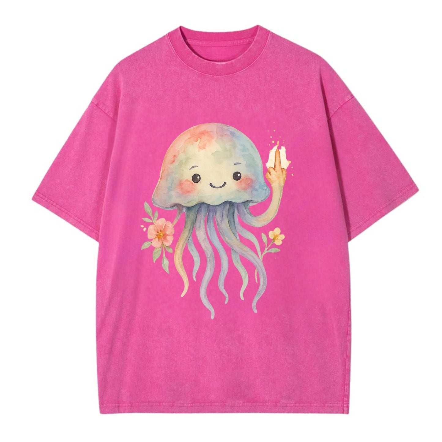 jellyfish with kawaii face and tentacles, one tentacle pointing up defiantly - Vintage T-shirt - Dusty Rose(Rose)