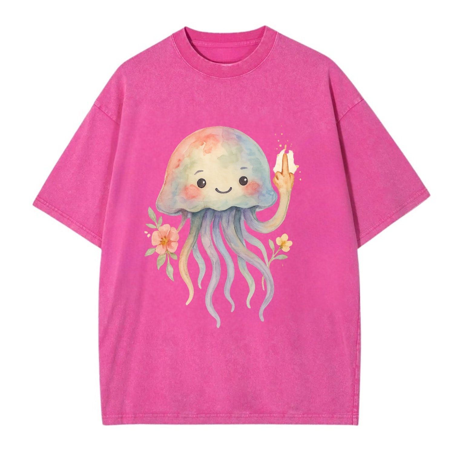 jellyfish with kawaii face and tentacles, one tentacle pointing up defiantly - Vintage T-shirt - Dusty Rose(Rose)