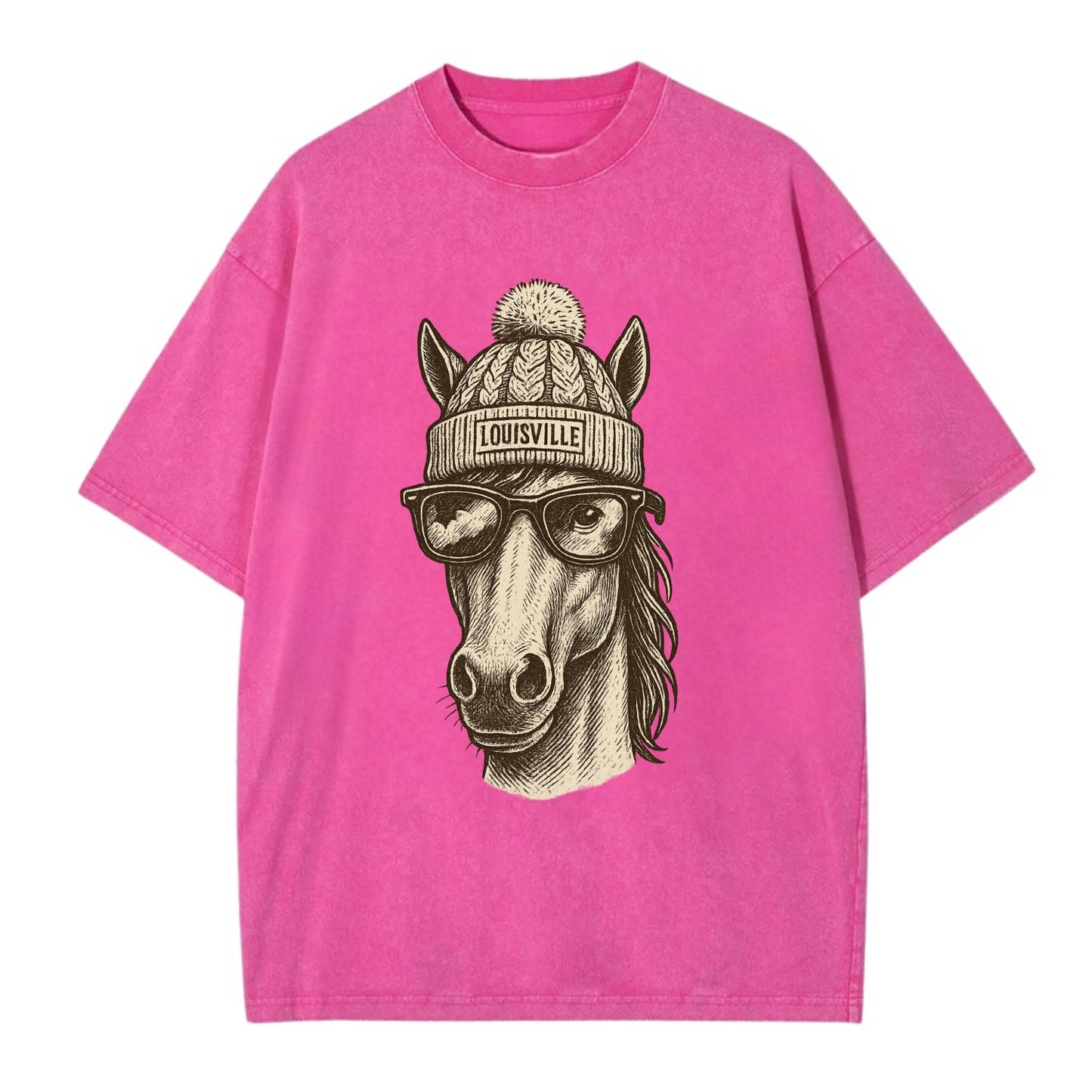 Kentucky Thoroughbred Horse wearing Louisville beanie with pom pom and wayfarer - Vintage T-shirt - Dusty Rose(Rose)