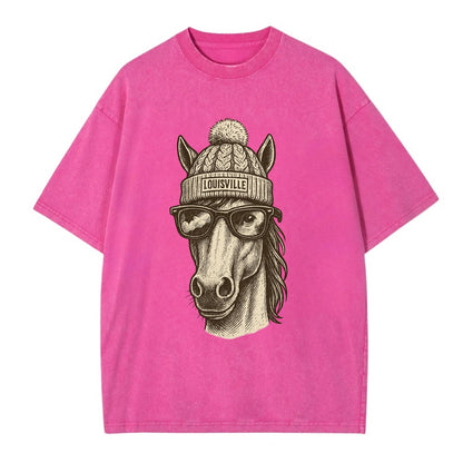 Kentucky Thoroughbred Horse wearing Louisville beanie with pom pom and wayfarer - Vintage T-shirt - Dusty Rose(Rose)