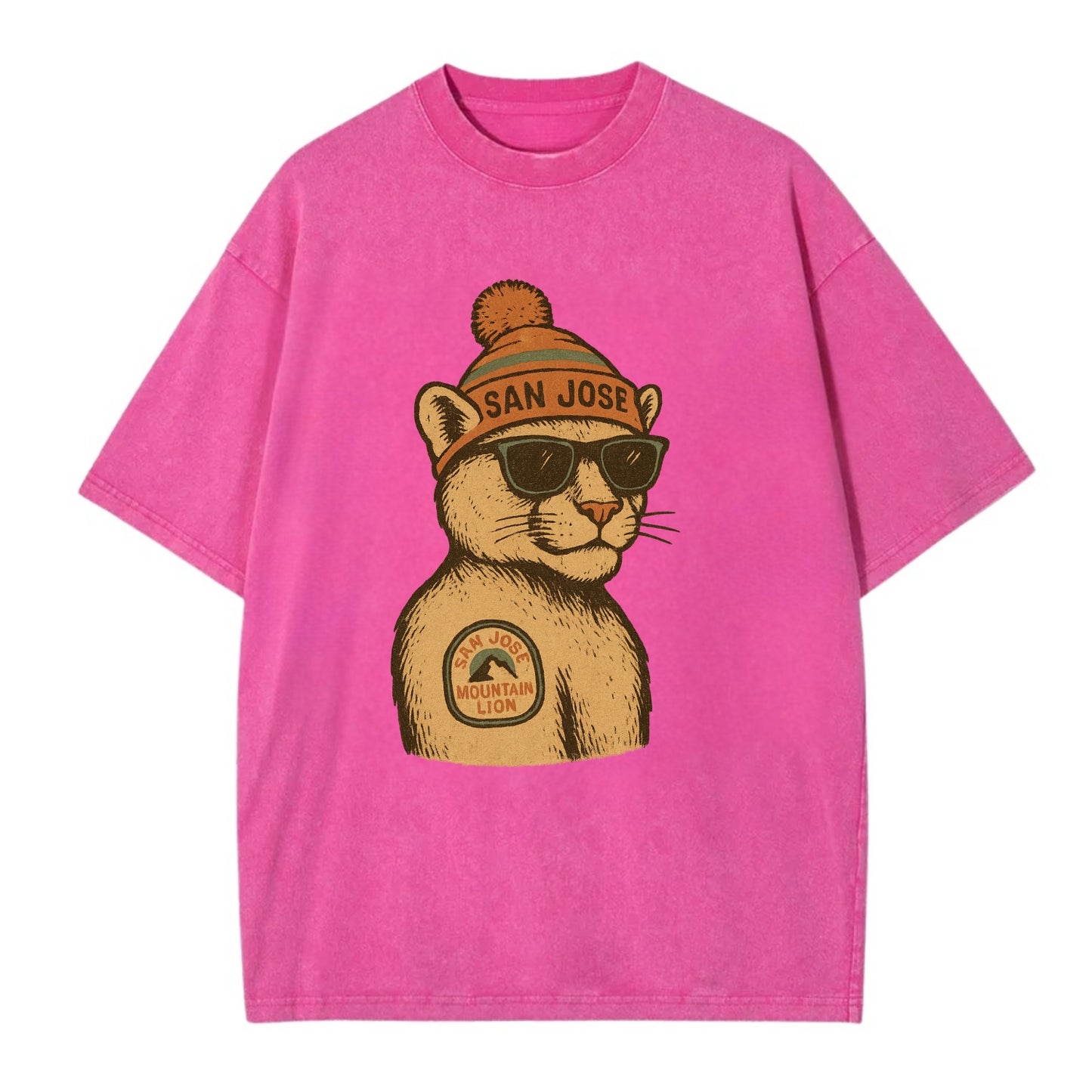 San Jose Mountain Lion wearing San Jose beanie with pom pom and wayfarer - Vintage T-shirt - Dusty Rose(Rose)