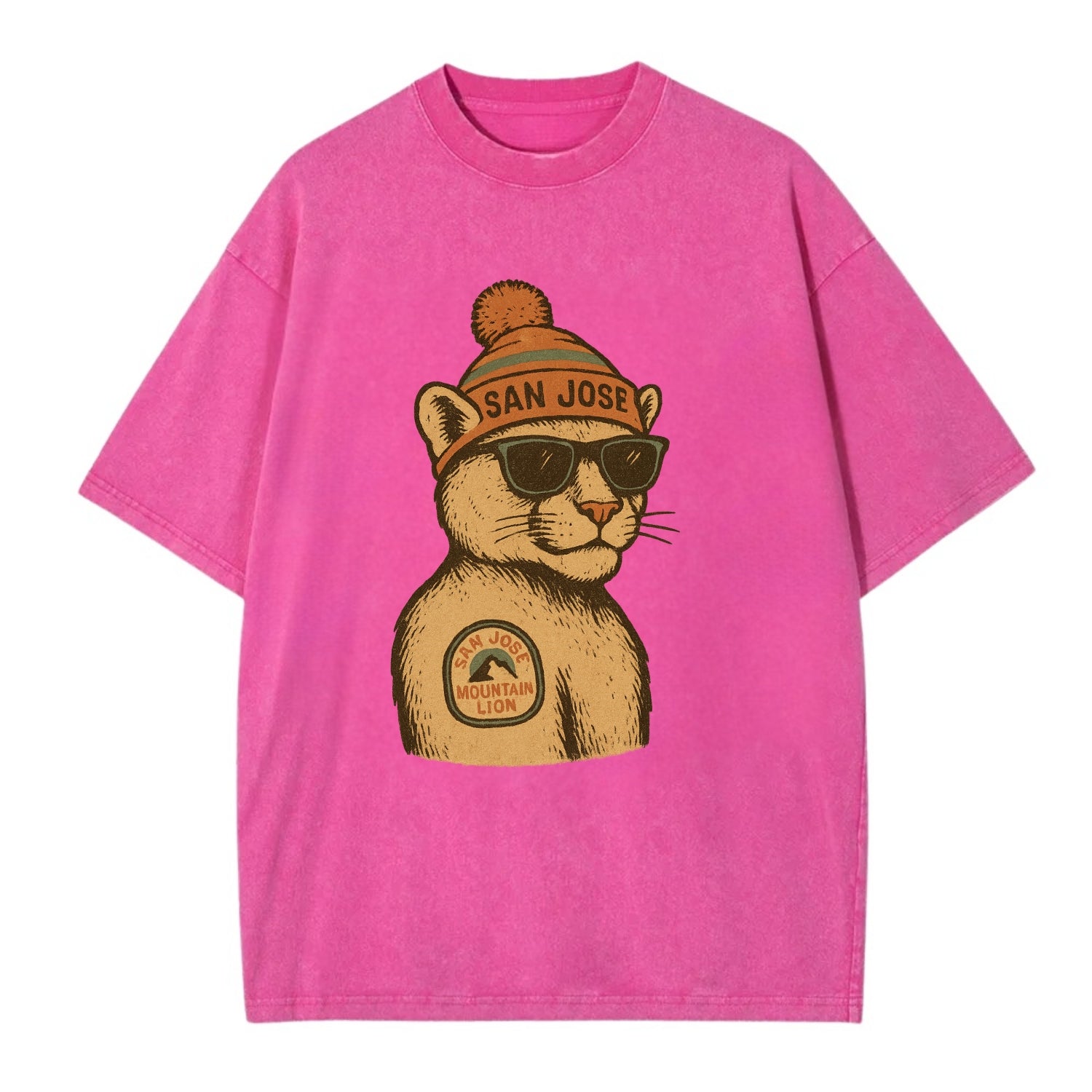 San Jose Mountain Lion wearing San Jose beanie with pom pom and wayfarer - Vintage T-shirt - Dusty Rose(Rose)