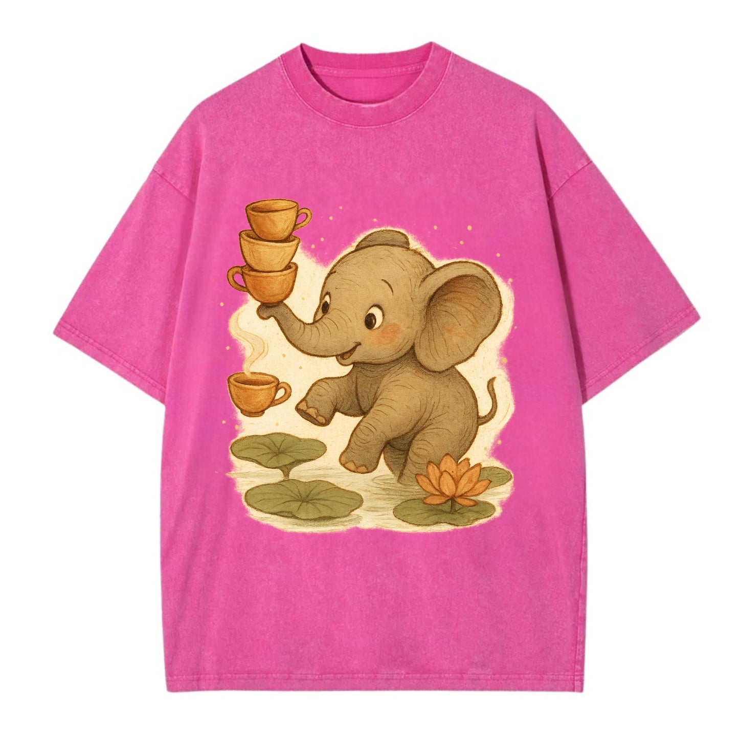 Elephant balancing teacups during a floating tea ceremony beside lotus ponds - Vintage T-shirt - Dusty Rose(Rose)