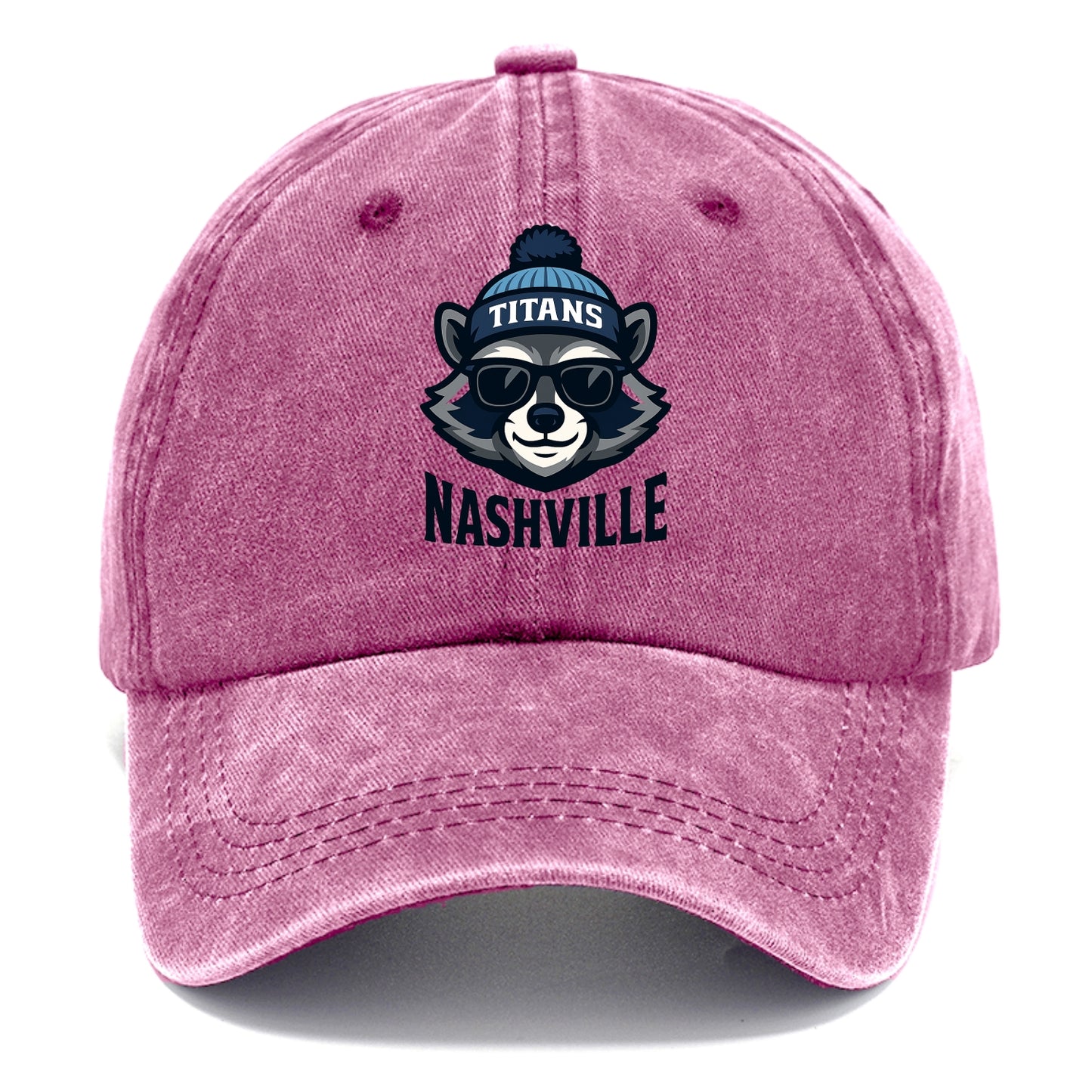Nashville Raccoon wearing Titans navy and light blue beanie with pom pom and wayfarer - Classic Cap - Dusty Rose(Rose)