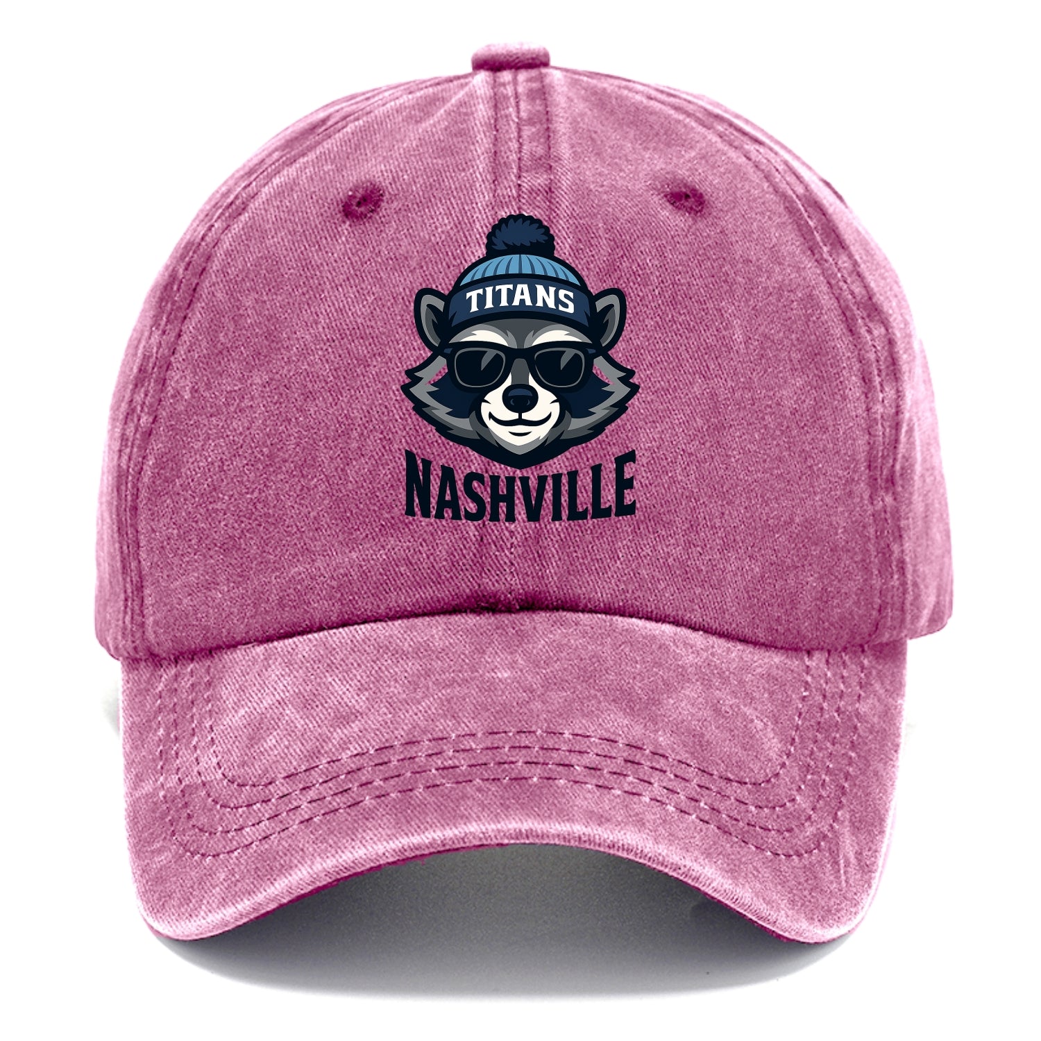 Nashville Raccoon wearing Titans navy and light blue beanie with pom pom and wayfarer - Classic Cap - Dusty Rose(Rose)
