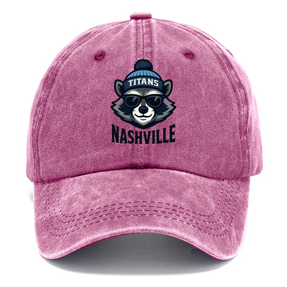 Nashville Raccoon wearing Titans navy and light blue beanie with pom pom and wayfarer - Classic Cap - Dusty Rose(Rose)