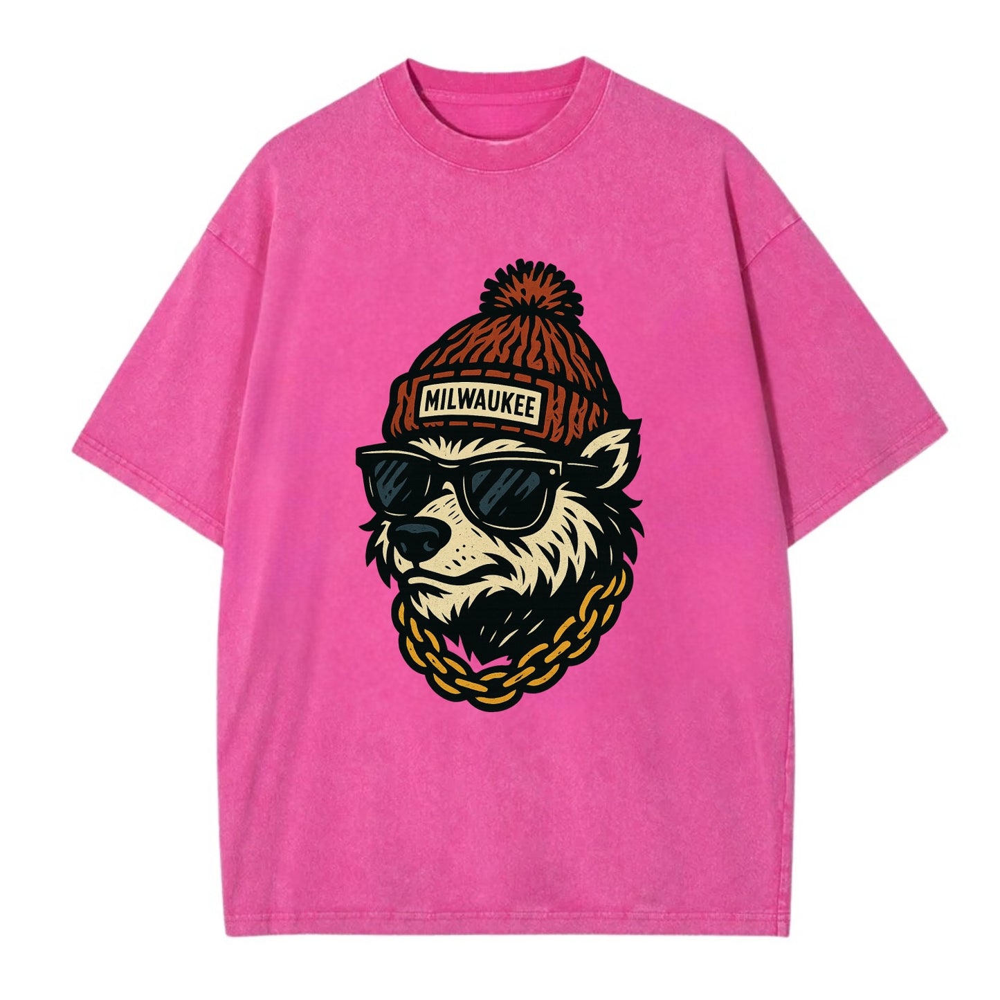 Milwaukee Badger wearing Milwaukee beanie with pom pom and wayfarer sunglasses - Vintage T-shirt - Dusty Rose(Rose)