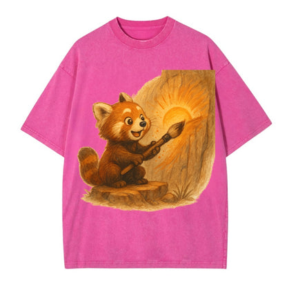 Red panda painting a sunrise mural with an oversized calligraphy brush on a cliff - Vintage T-shirt - Dusty Rose(Rose)
