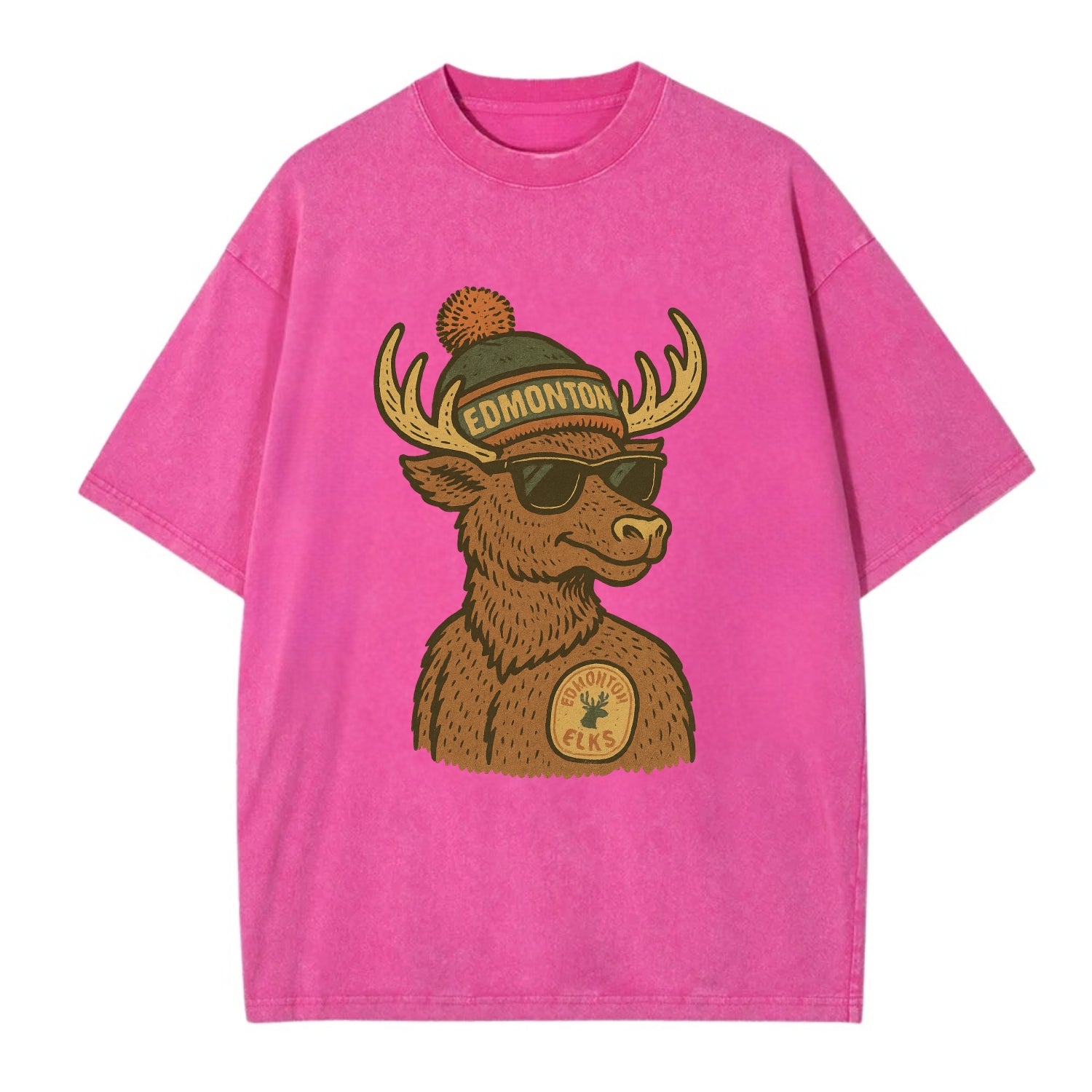 Edmonton Elk wearing Edmonton beanie with pom pom and wayfarer sunglasses - Vintage T-shirt - Dusty Rose(Rose)