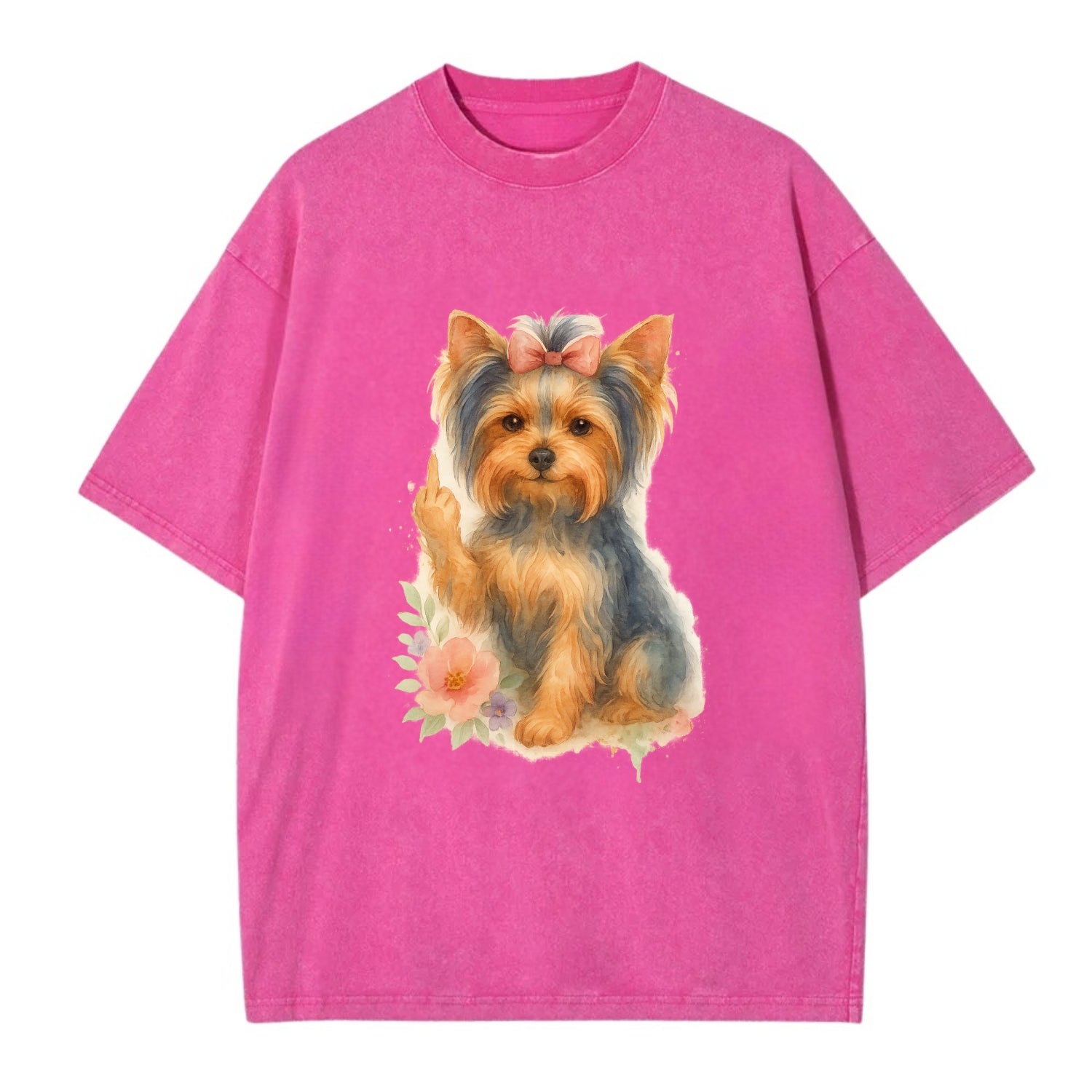 Yorkshire Terrier with topknot bow, one delicate paw flipping off - Vintage T-shirt - Dusty Rose(Rose)