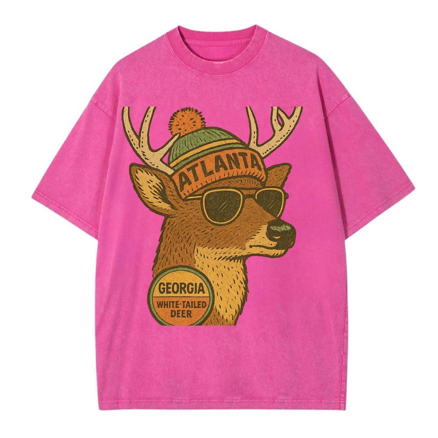Georgia White-tailed Deer wearing Atlanta beanie with pom pom and wayfarer - Vintage T-shirt - Dusty Rose(Rose)