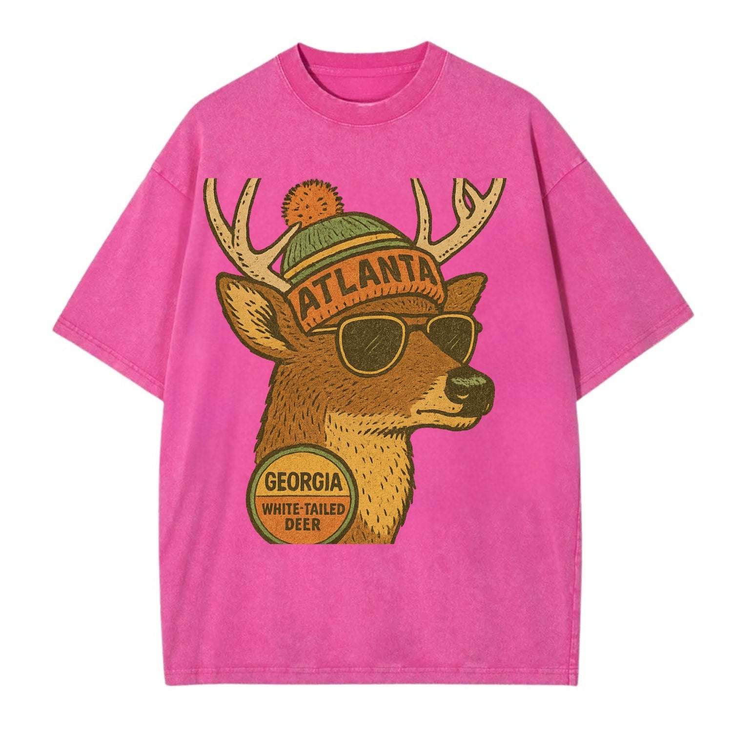 Georgia White-tailed Deer wearing Atlanta beanie with pom pom and wayfarer - Vintage T-shirt - Dusty Rose(Rose)