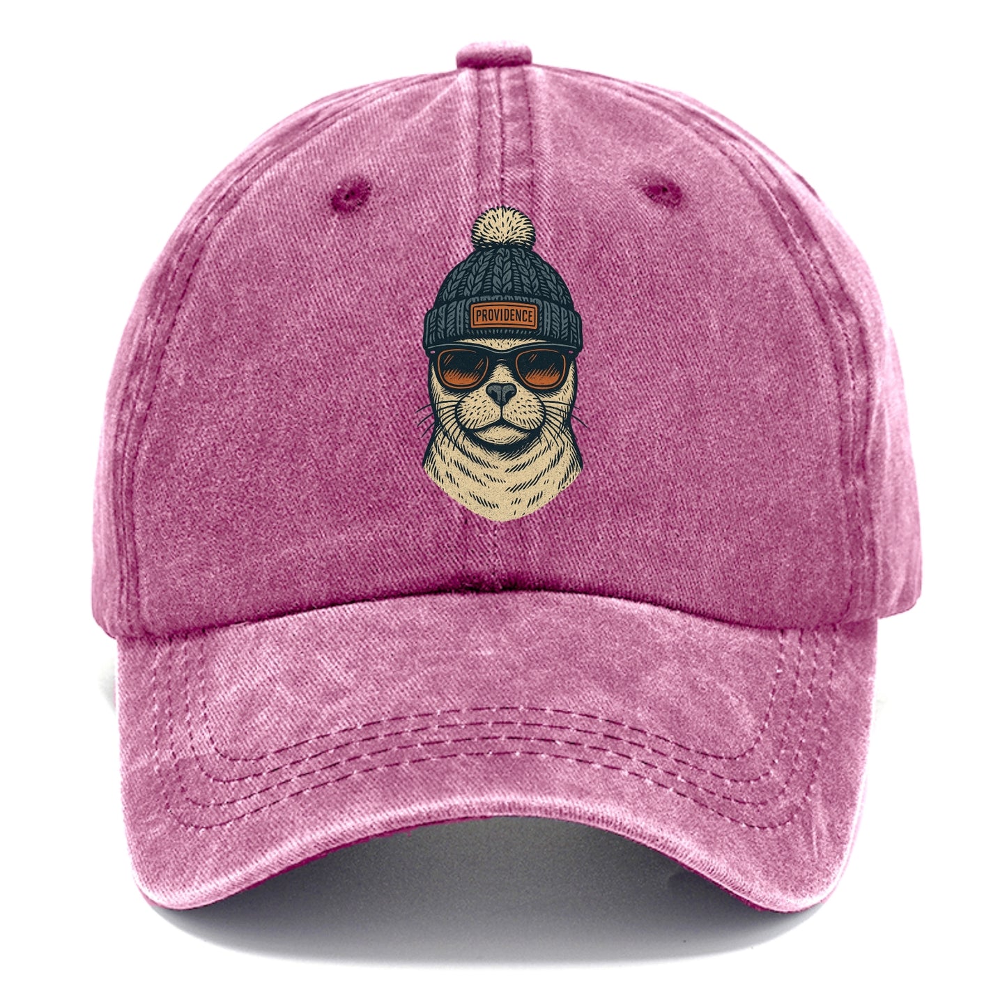 Rhode Island Harbor Seal wearing Providence beanie with pom pom and wayfarer - Classic Cap - Dusty Rose(Rose)