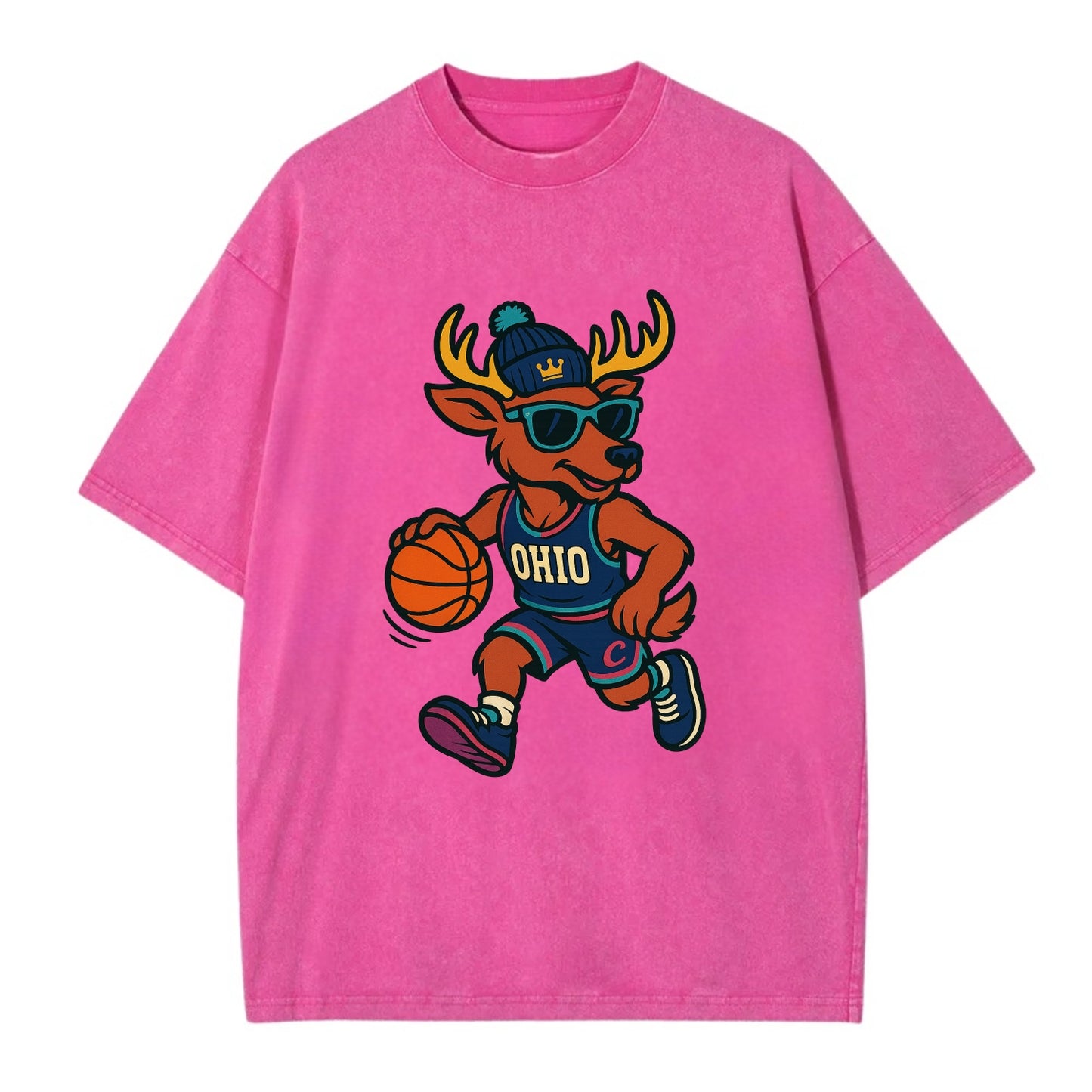 Ohio Deer wearing Cavs beanie with crown patch and wayfarer sunglasses - Vintage T-shirt - Dusty Rose(Rose)