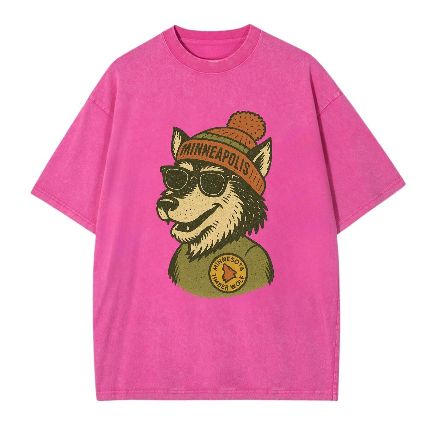 Minnesota Timber Wolf wearing Minneapolis beanie with pom pom and wayfarer - Vintage T-shirt - Dusty Rose(Rose)