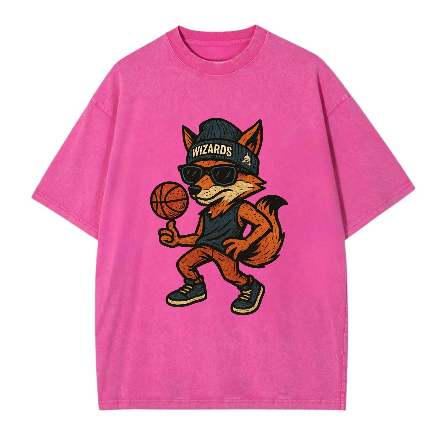 Washington Fox wearing Wizards beanie with capitol patch and wayfarer sunglasses - Vintage T-shirt - Dusty Rose(Rose)