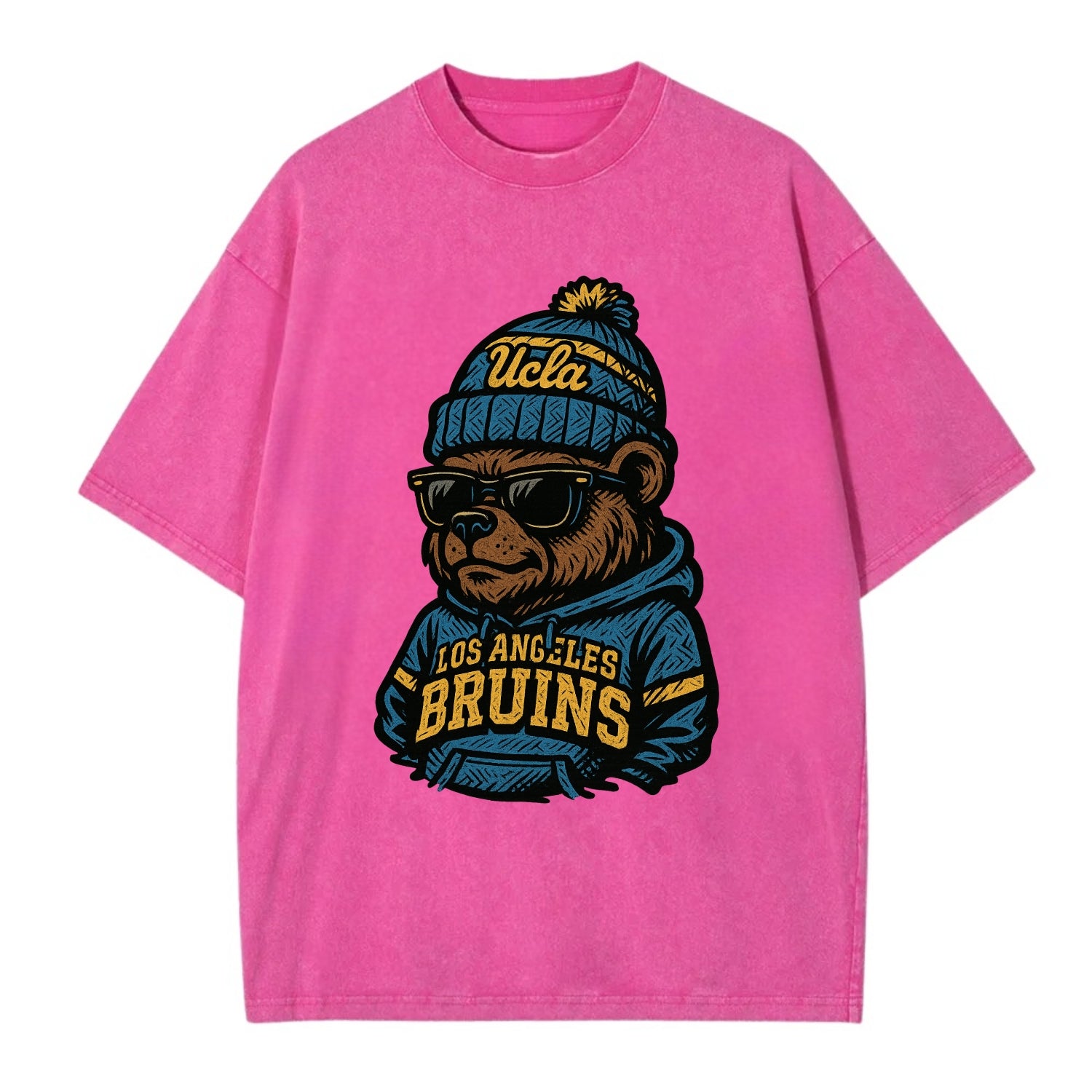 Los Angeles Bruin wearing UCLA beanie with script patch - Vintage T-shirt - Dusty Rose(Rose)