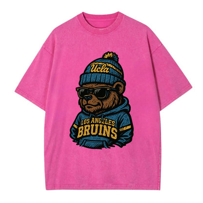 Los Angeles Bruin wearing UCLA beanie with script patch - Vintage T-shirt - Dusty Rose(Rose)