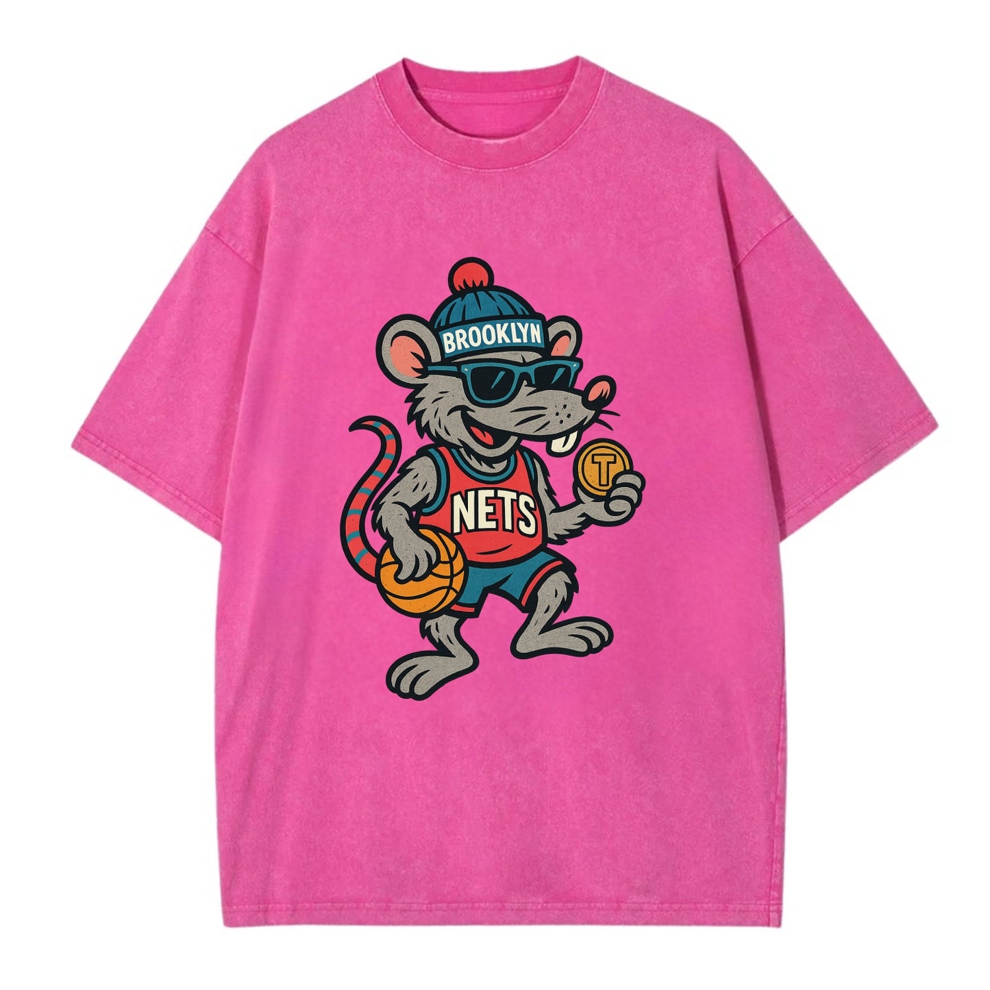 Brooklyn Rat wearing Nets beanie with subway token and wayfarer sunglasses - Vintage T-shirt - Dusty Rose(Rose)