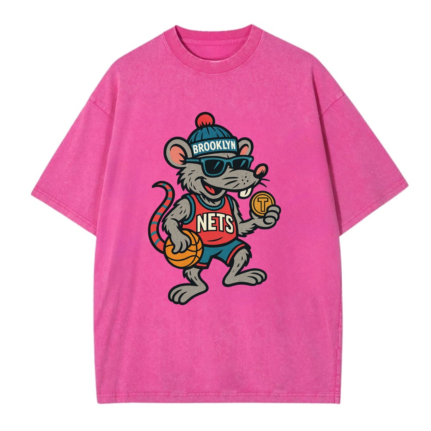 Brooklyn Rat wearing Nets beanie with subway token and wayfarer sunglasses - Vintage T-shirt - Dusty Rose(Rose)