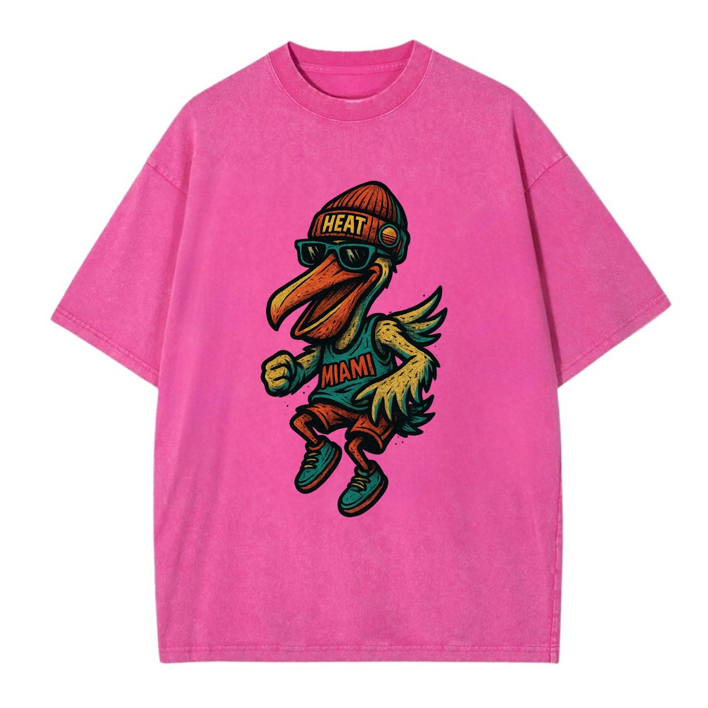 Miami Pelican wearing Heat beanie with sunset patch and wayfarer sunglasses - Vintage T-shirt - Dusty Rose(Rose)