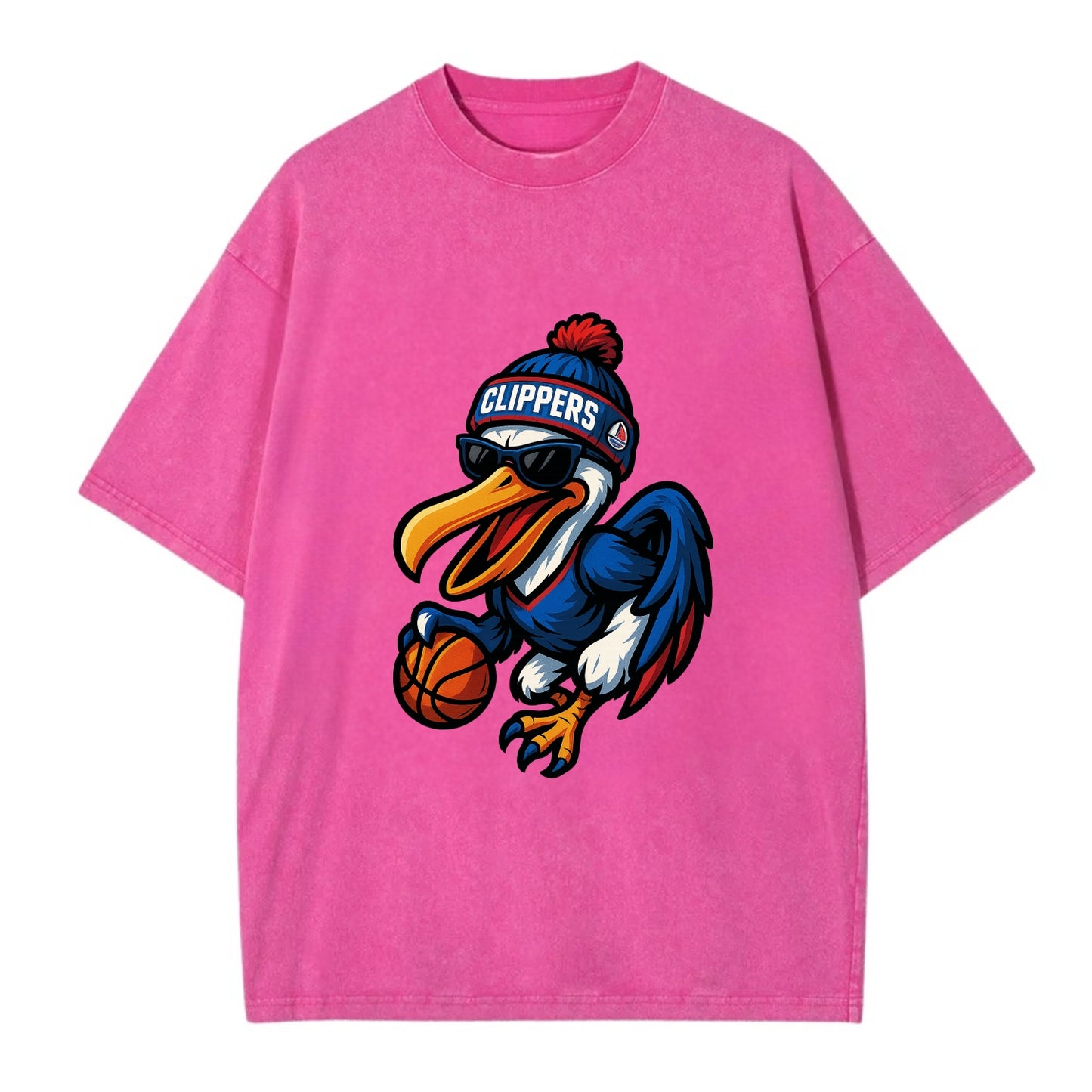 Los Angeles Pelican wearing Clippers beanie with sailboat patch and wayfarer - Vintage T-shirt - Dusty Rose(Rose)