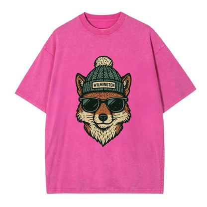 Delaware Gray Fox wearing Wilmington beanie with pom pom and wayfarer sunglasses - Vintage T-shirt - Dusty Rose(Rose)