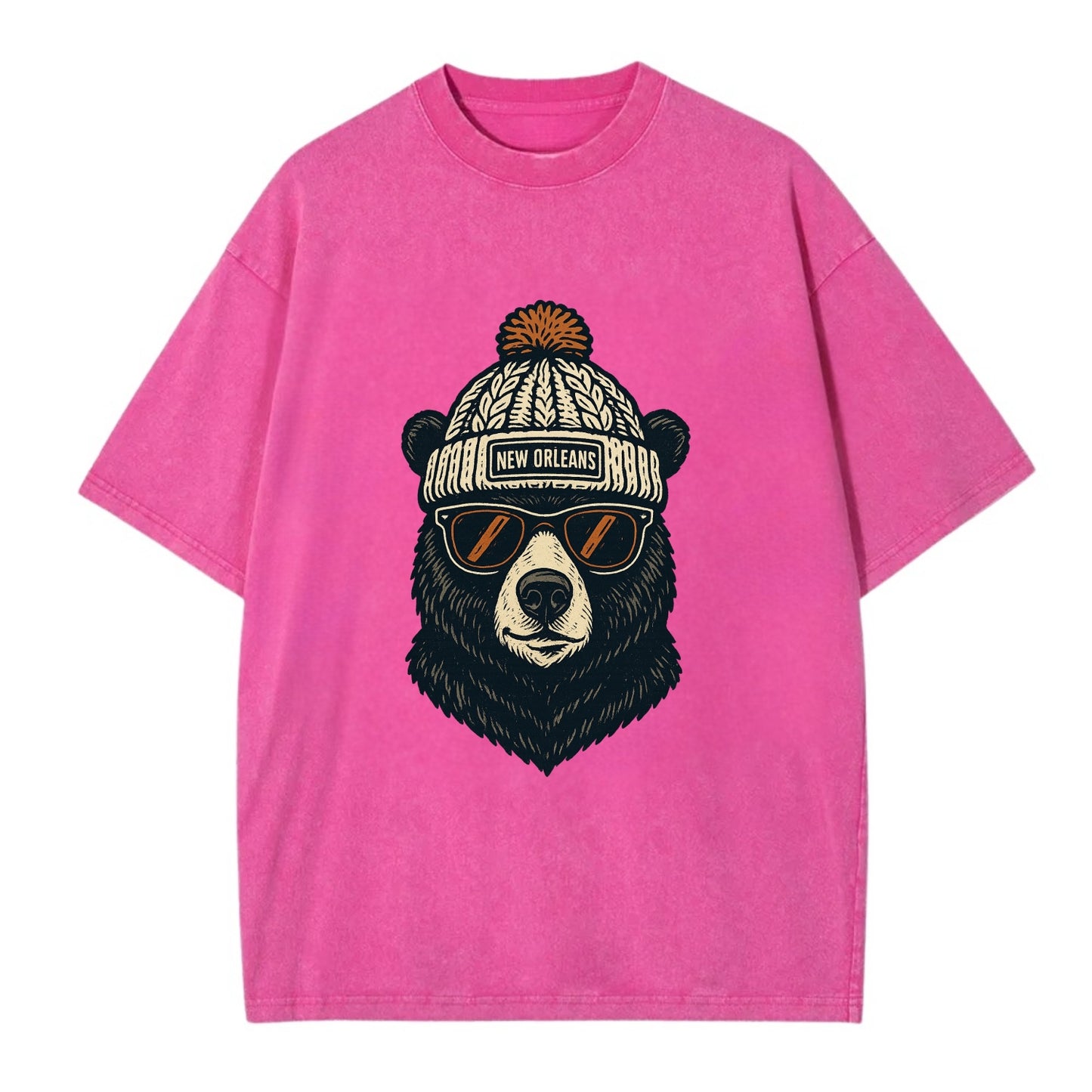 Louisiana Black Bear wearing New Orleans beanie with pom pom and wayfarer - Vintage T-shirt - Dusty Rose(Rose)
