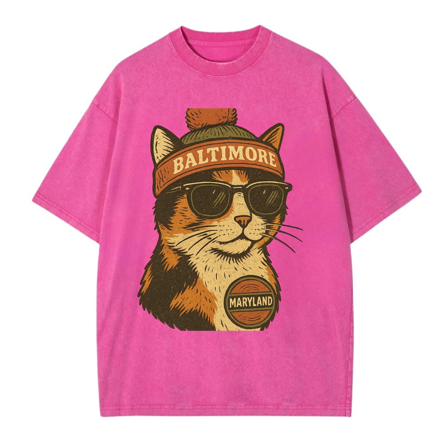 Maryland Calico Cat wearing Baltimore beanie with pom pom and wayfarer sunglasses - Vintage T-shirt - Dusty Rose(Rose)