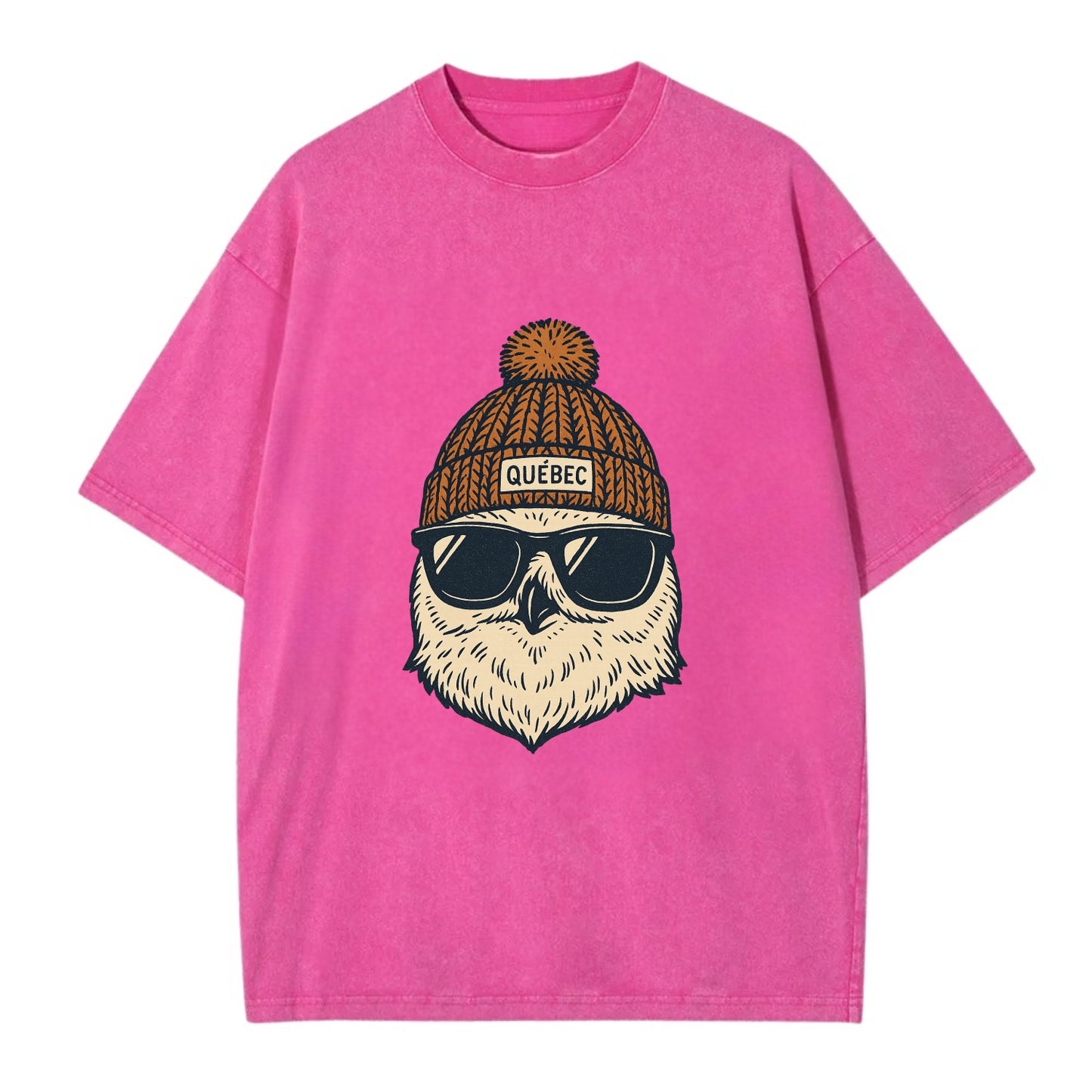 Quebec City Snowy Owl wearing Quebec beanie with pom pom and wayfarer sunglasses - Vintage T-shirt - Dusty Rose(Rose)