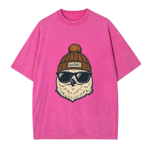 Quebec City Snowy Owl wearing Quebec beanie with pom pom and wayfarer sunglasses - Vintage T-shirt