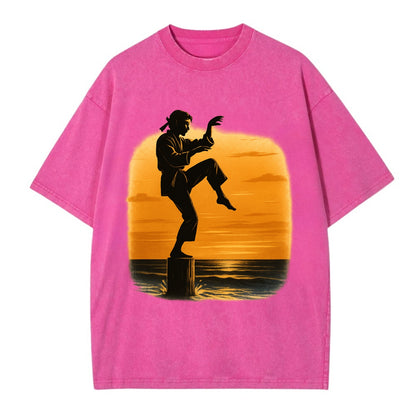 karate crane kick pose on wooden post at beach sunset - Vintage T-shirt - Dusty Rose(Rose)