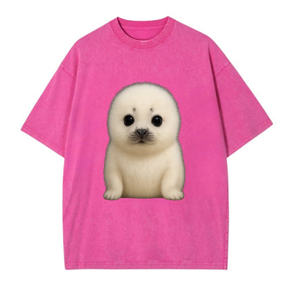Baby Harp Seal - pure white fluffy fur, enormous dark eyes, front-facing, iconic - Vintage T-shirt - Dusty Rose(Rose)