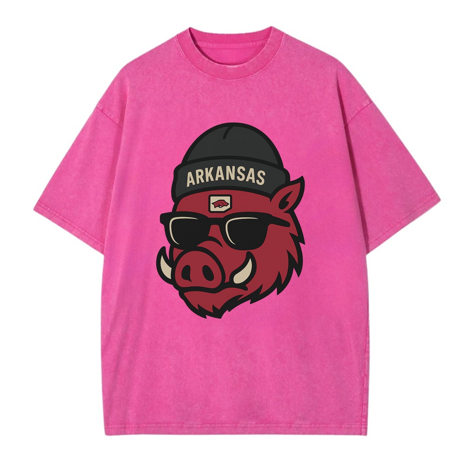 Fayetteville Razorback wearing Arkansas beanie with hog patch - Vintage T-shirt - Dusty Rose(Rose)