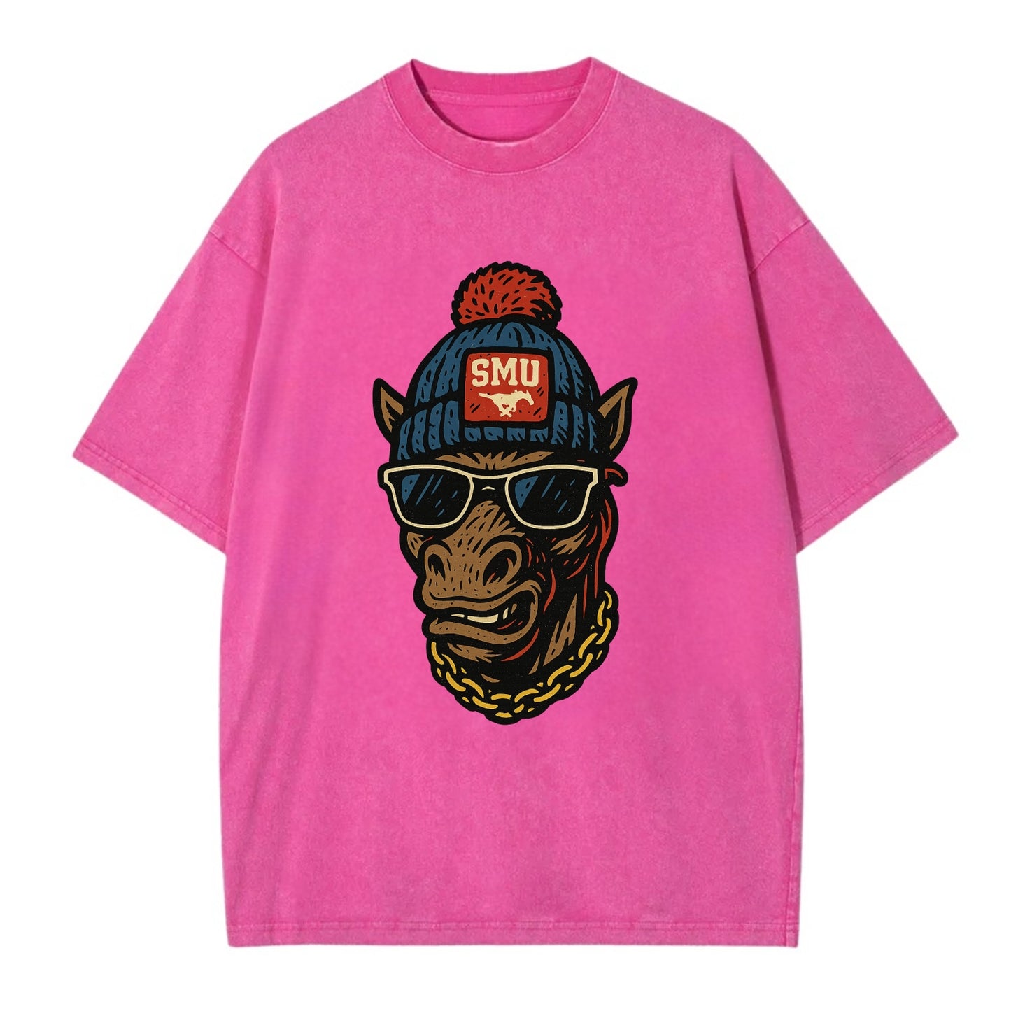 Dallas Mustang wearing SMU beanie with pony patch - Vintage T-shirt - Dusty Rose(Rose)