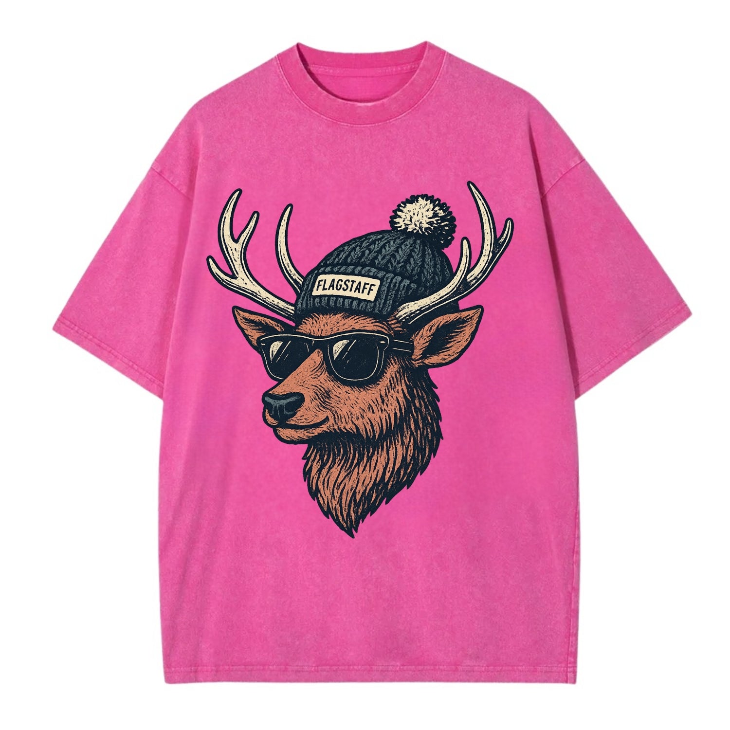 Flagstaff Elk wearing Flagstaff beanie with pom pom and wayfarer sunglasses - Vintage T-shirt - Dusty Rose(Rose)