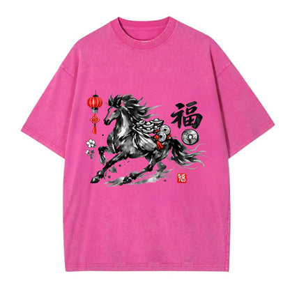PROSPERITY HORSE | Horse carrying gold ingots and coins | Chinese knot - Vintage T-shirt - Dusty Rose(Rose)