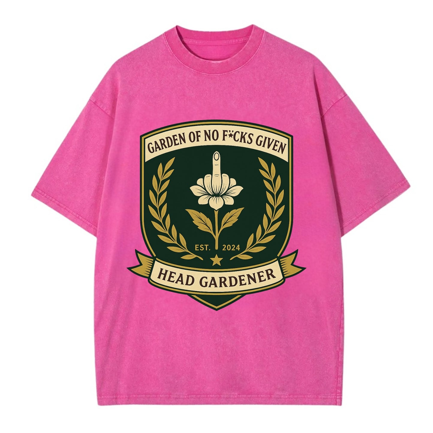 Shield with middle finger flower - "Garden of No F*cks Given - Head Gardener" - - Vintage T-shirt - Dusty Rose(Rose)