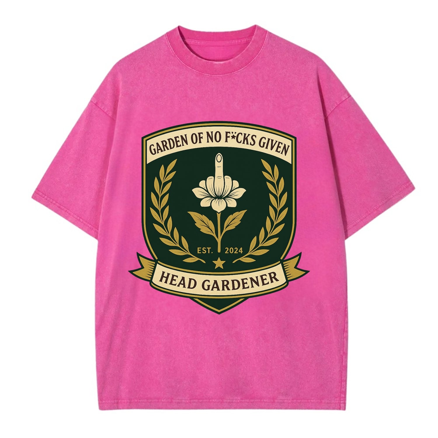 Shield with middle finger flower - "Garden of No F*cks Given - Head Gardener" - - Vintage T-shirt - Dusty Rose(Rose)