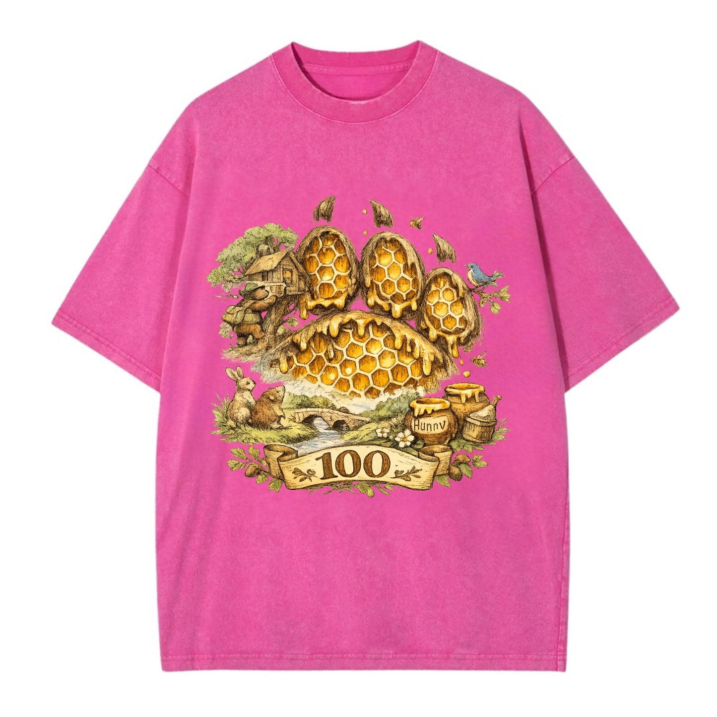 HONEY PAW | Bear paw print filled with honeycomb | Sticky evidence | Forest - Vintage T-shirt - Dusty Rose(Rose)
